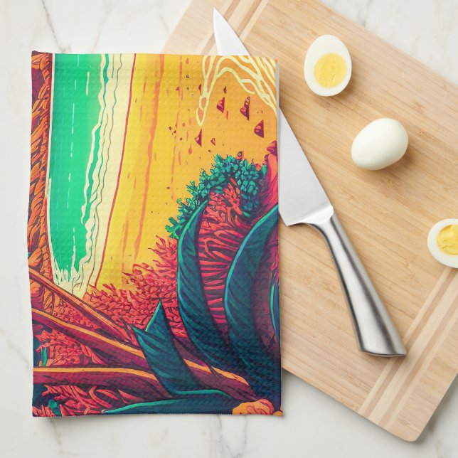 Colorful Summer Tropical Beach Landscape Artwork | Kitchen Towel (Quarter Fold)