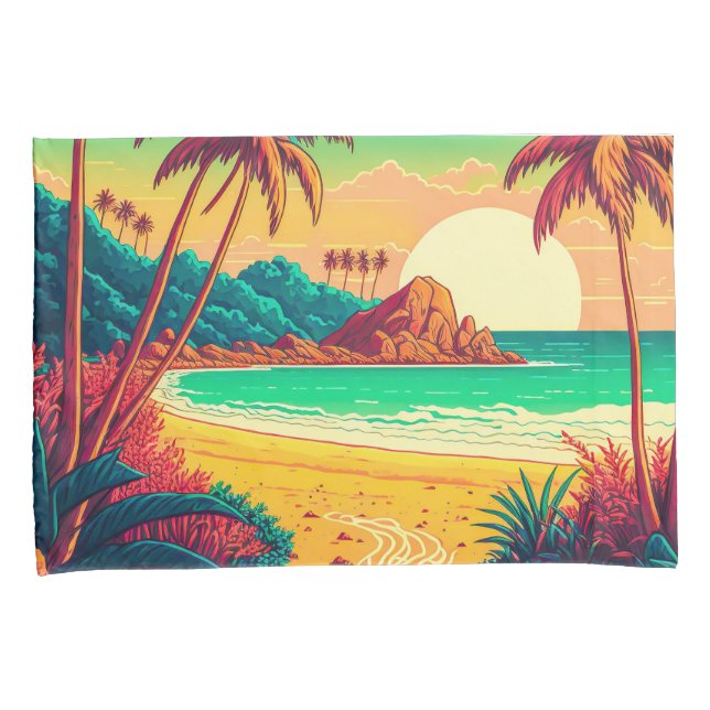 Colorful Summer Tropical Beach Landscape Artwork | Pillow Case (Front-Right)