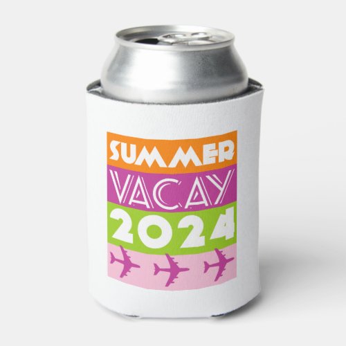Colorful Summer Vacay 2024 Plane Typography Can Cooler