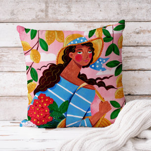 Colorful Summer Woman Lemon Garden Throw Pillow
