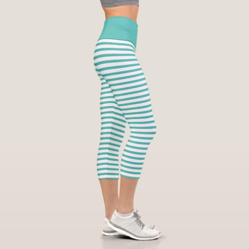 Colorful Summertime Turquoise Striped Capri Leggings