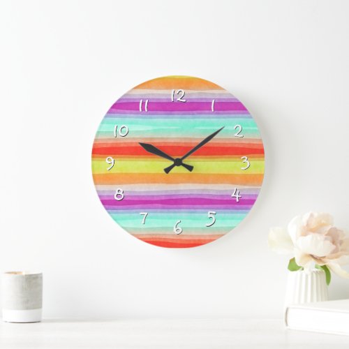 Colorful Summertime Watercolor Stripes Pattern Large Clock