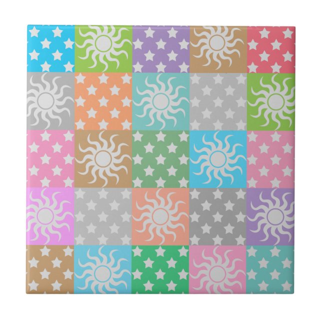 Colorful sun and stars pattern   ceramic tile (Front)