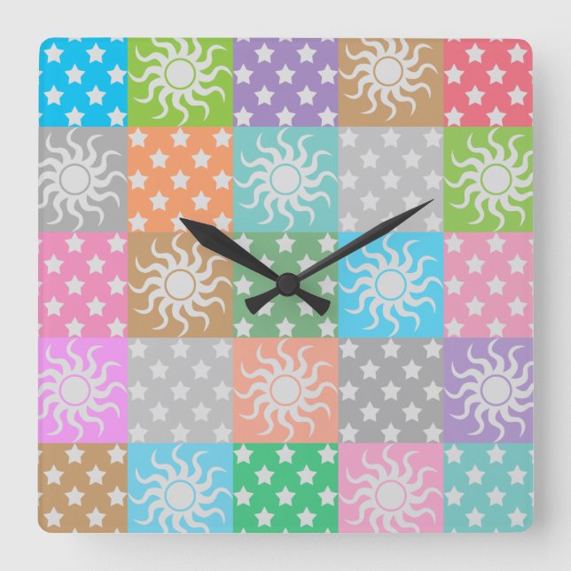 Colorful sun and stars pattern  square wall clock (Front)