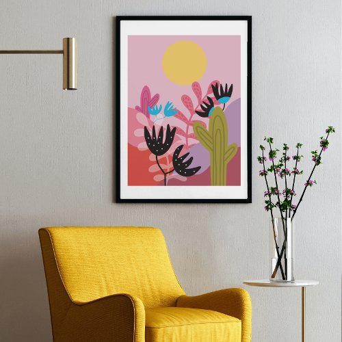 Colorful sun desert modern cactus deco art print