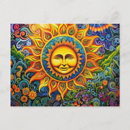 Colorful Sun Hippy Art Postcard