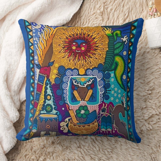 Colorful Sun Huichol Art Throw Pillow (Blanket)