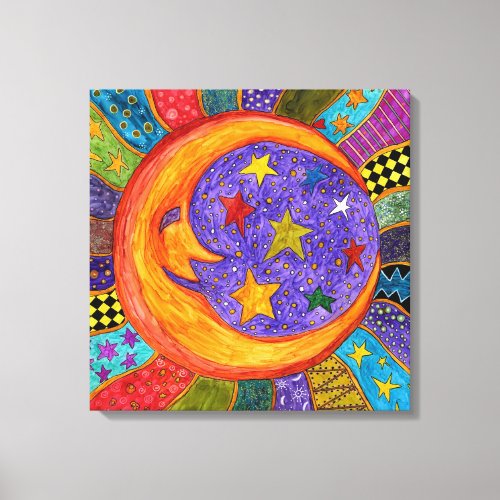 Colorful Sun Moon and Stars Wrapped Canvas 