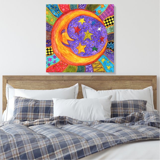 Colorful Sun, Moon and Stars Wrapped Canvas  (Insitu(Bedroom))