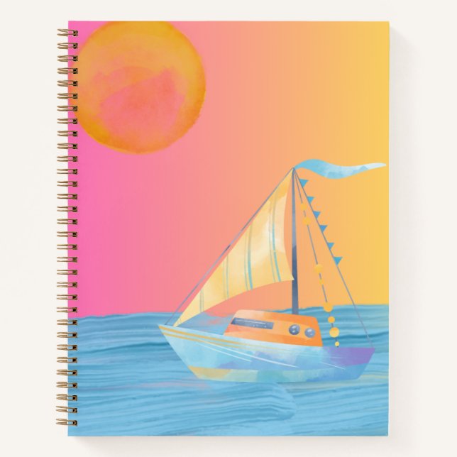 Colorful Sun Moon Ocean Sailing Boat Notebook (Front)