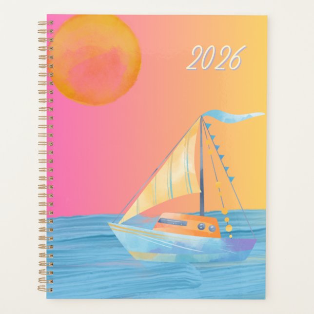 Colorful Sun Moon Ocean Sailing Boat Planner (Front)