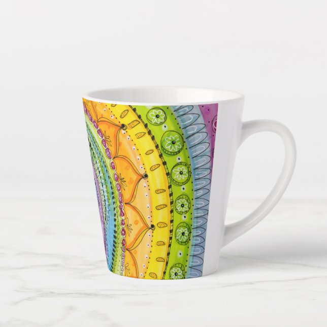 Colorful Sunburst Doodle Mandala Design Latte Mug (Right)