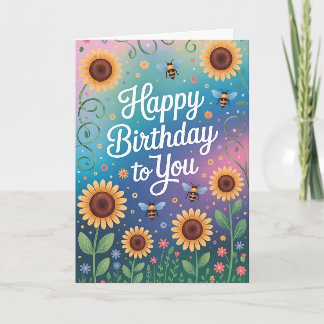 Colorful Sunflower and Bee Happy Birthday Card (Front)