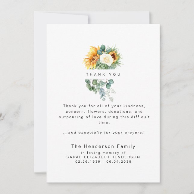 Colorful Sunflower Bereavement Funeral IIThank You Thank You Card (Front)