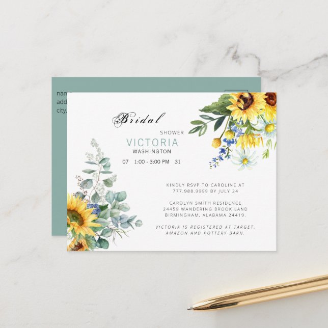 Colorful Sunflower Bridal Shower Announcement Postcard (Front/Back In Situ)