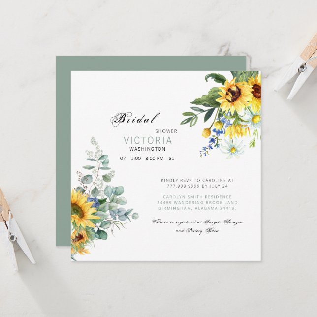 Colorful Sunflower Bridal Shower Sage  Invitation (Front/Back In Situ)