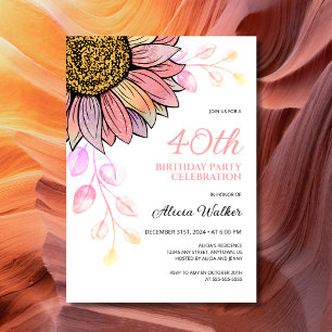 Colorful Sunflower Floral Peach Leaf Birthday Invitation