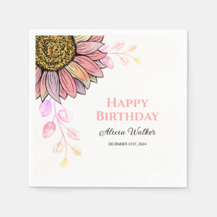 Colorful Sunflower Floral Peach Leaf Birthday  Napkins