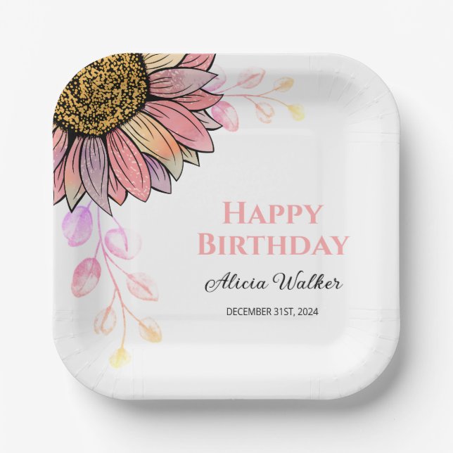 Colorful Sunflower Floral Peach Leaf Birthday  Paper Plates (Front)