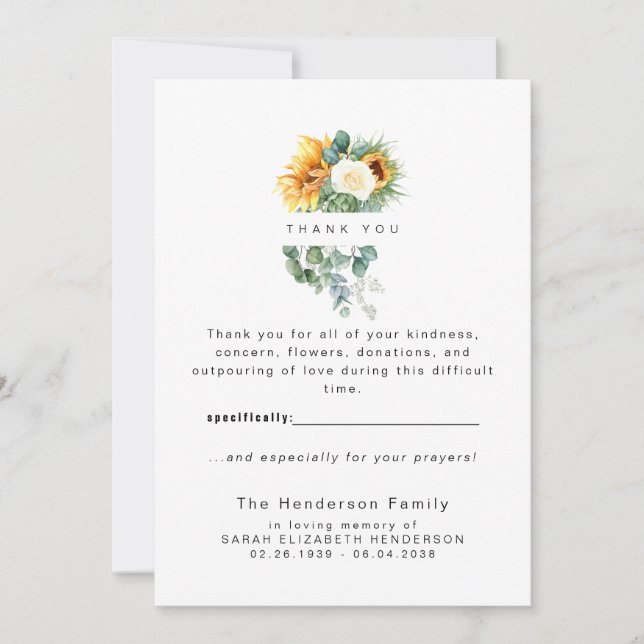 Colorful Sunflower Funeral Thank You Card (Front)
