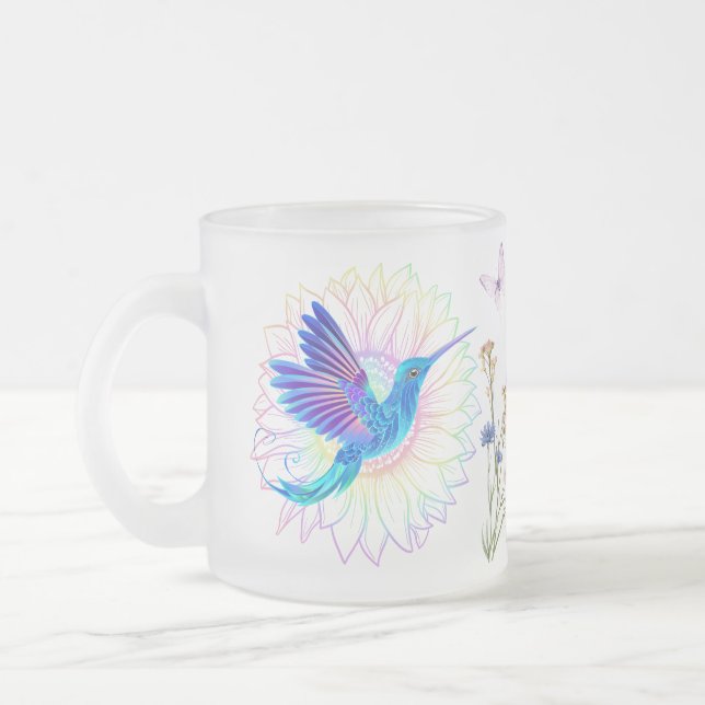 colorful Sunflower Hummingbirds Frosted Glass Coffee Mug (Left)