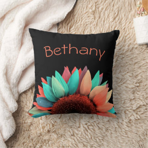 Colorful Sunflower on Black Personalized Throw Pillow