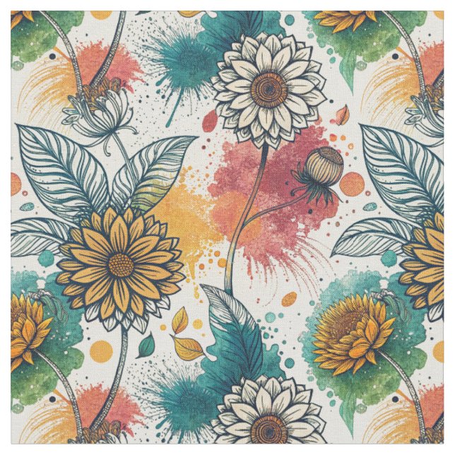 Colorful Sunflower Paint Splatter Artwork Pattern Fabric (Close Up)