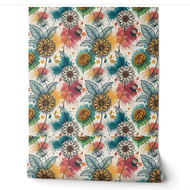 Colorful Sunflower Paint Splatter Artwork Pattern Wallpaper (Unrolling)