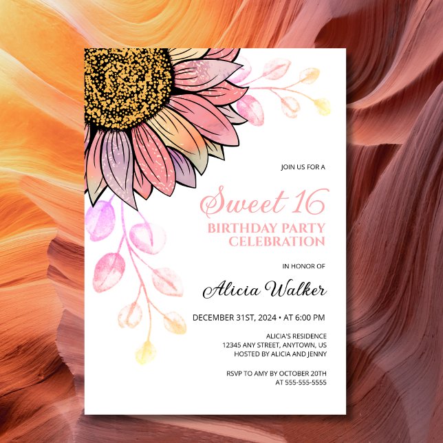 Colorful Sunflower Peach Leaf 16th Birthday  Invitation (Creator Uploaded)