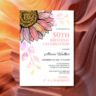 Colorful Sunflower Peach Leaf Surprise Birthday Invitation