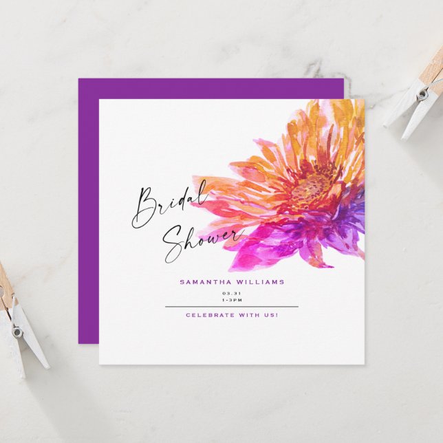 Colorful Sunflower Purple Bridal Shower Square  Invitation (Front/Back In Situ)