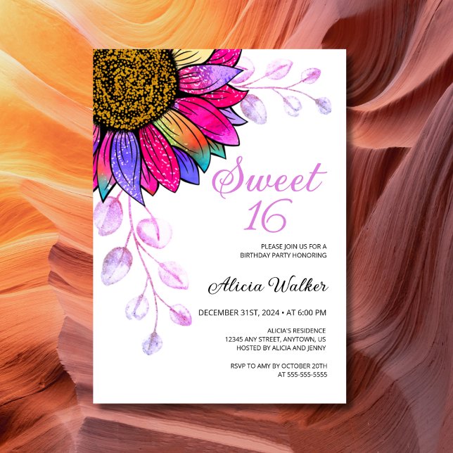 Colorful Sunflower Purple Leaf 16th Birthday  Invitation (Creator Uploaded)
