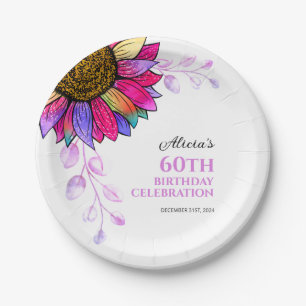 Colorful Sunflower Purple Leaf Birthday Paper Plates
