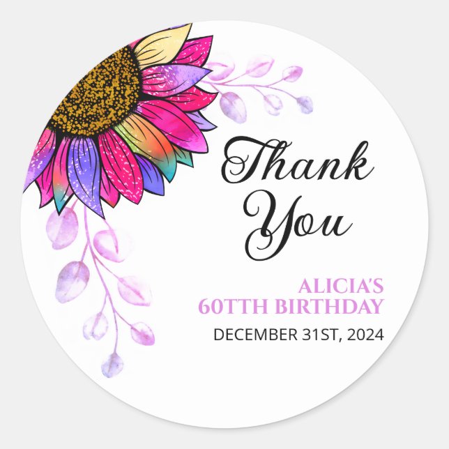 Colorful Sunflower Purple Leaf Birthday Thank You Classic Round Sticker (Front)