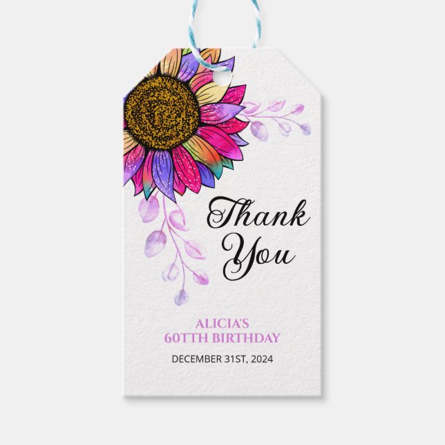 Colorful Sunflower Purple Leaf Birthday Thank You Gift Tags (Front)
