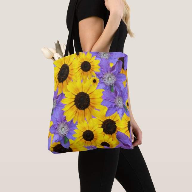 Colorful Sunflower Yellow & Purple Floral Pattern  Tote Bag (Close Up)