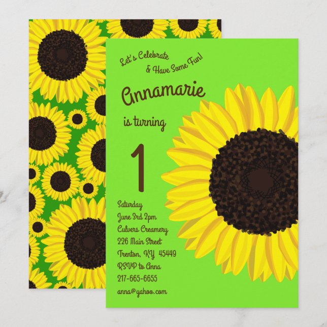 Colorful Sunflowers 1st Birthday Invitations (Front/Back)
