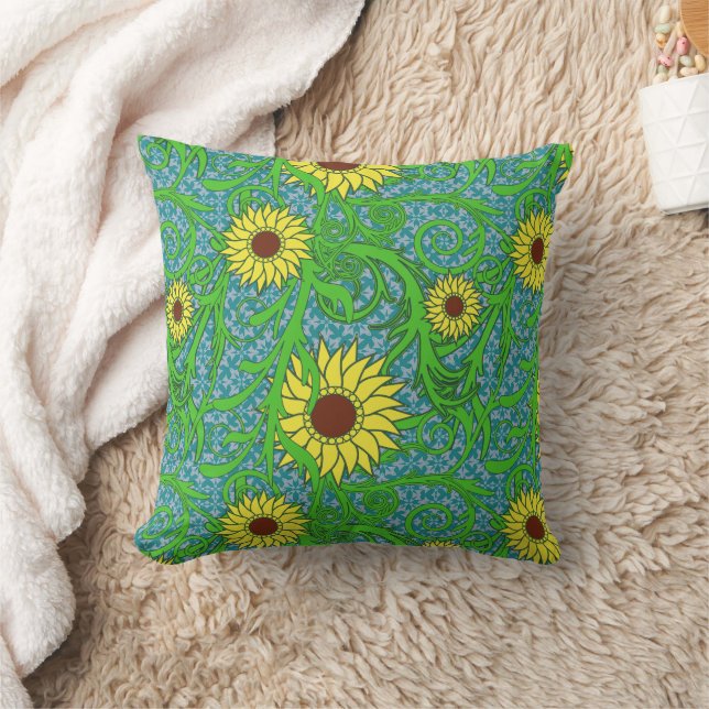 Colorful Sunflowers Floral Illustration Throw Pillow (Blanket)