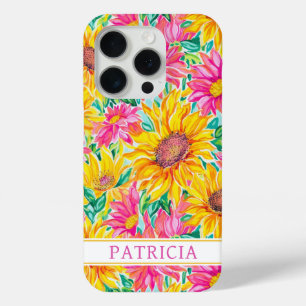 Colorful Sunflowers Painting Monogrammed iPhone 15 Pro Case