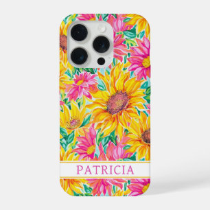 Colorful Sunflowers Painting Monogrammed iPhone 15 Pro Case
