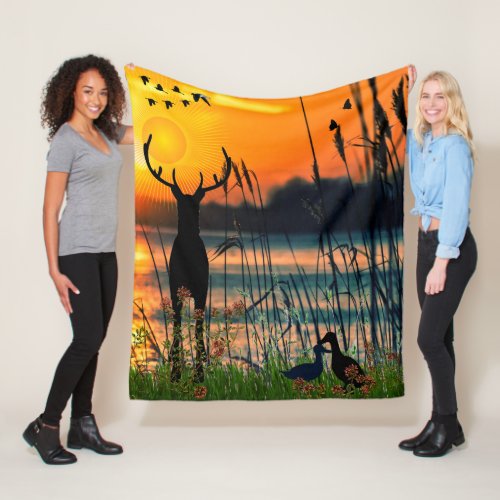 Colorful Sunny Lake Scene Fleece Blanket