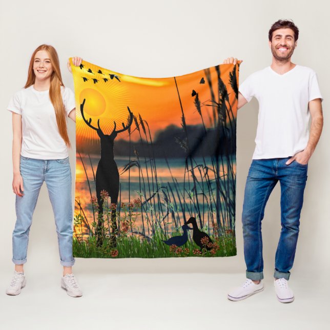 Colorful Sunny Lake Scene Fleece Blanket (In Situ)