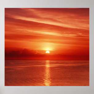 Colorful sunrise at sea, dramatic clouds. poster