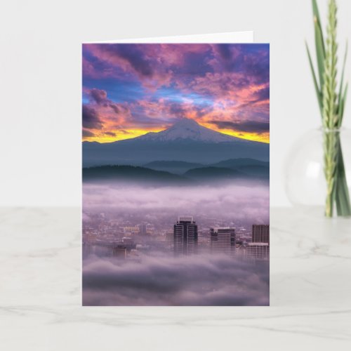 Colorful sunrise over Mt Hood and Portland Oregon Holiday Card