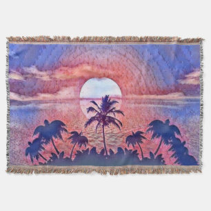 Colorful Sunset at the Beach Watercolor Painting Throw Blanket