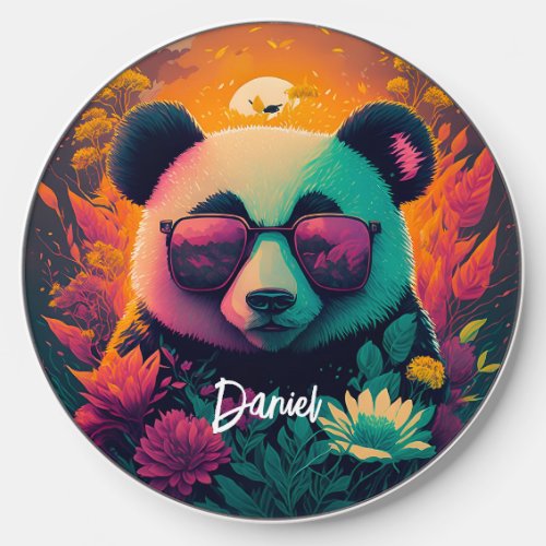 Colorful sunset cool panda in sunglasses floral wireless charger 