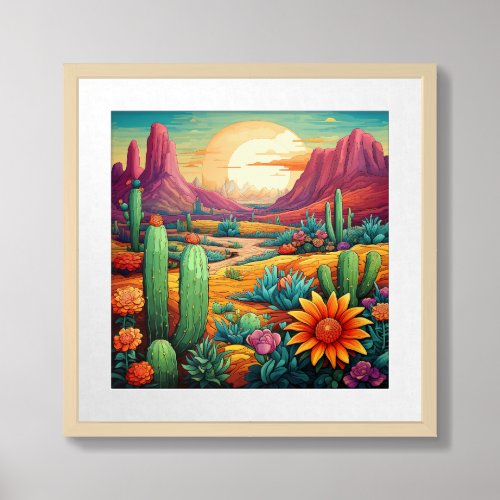 Colorful Sunset Desert Cactus Floral  Framed Art