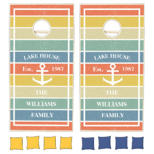Colorful Sunset Lake House Family Name Est Year Cornhole Set