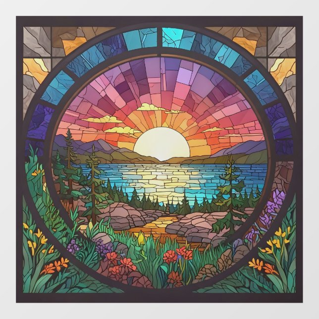 Colorful Sunset Landscape Faux Stained Glass Window Cling (Sheet)