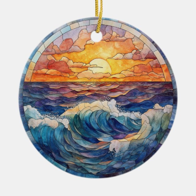 COLORFUL SUNSET OCEAN WAVES STAINED GLASS LOOK CERAMIC ORNAMENT (Front)